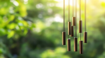 Wind chimes dance in the breeze creating soothing melodies amidst lush greenery