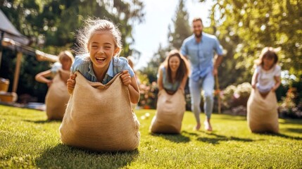 Labor Day backyard games, showing families and friends engaging in classic outdoor games like sack races, horseshoes, and cornhole, with laughter and fun