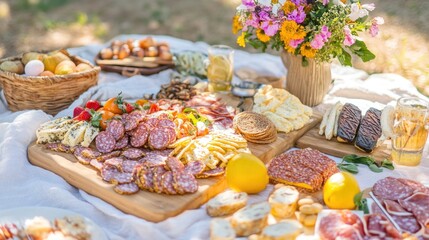 Fototapeta premium Labor Day picnic ideas, with a layout of creative picnic setups, including charcuterie boards, grilled skewers, and themed desserts