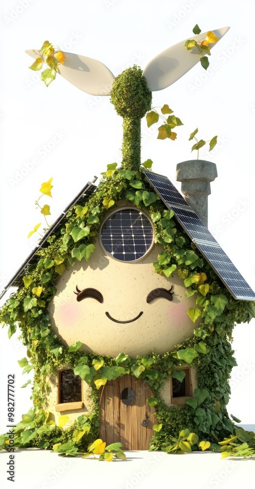 Canvas Prints A whimsical house covered in greenery, showcasing eco-friendly design and renewable energy.