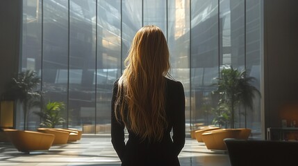 blonde woman standing in a modern office lobby, reflecting quietly as she looks out a large window...