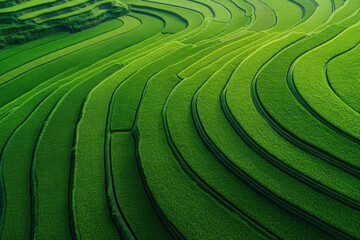 Fototapeta premium Irrigated rice field with a modern sprinkler system, lush green and thriving, agriculture, waterefficient farming