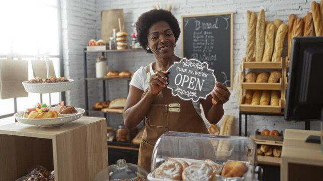Middle-aged black female baker holding an open sign in a cozy bakery full of breads and pastries