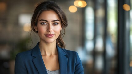 Obraz premium confident businesswoman in blue blazer standing in office, representing leadership, success, and professionalism with a stylish and smart corporate business look