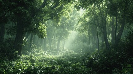 low light foliage in a dense forest, moody atmosphere with soft shadows
