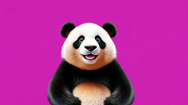 Smiling cartoon panda standing against a bright pink background, showcasing a cheerful and friendly expression.
