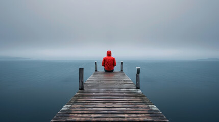 A person in a red jacket sits alone on a fog-covered dock, staring out at the calm, misty lake.