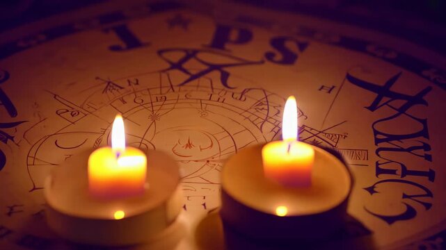 Two lit candles on a mystical background with astrological symbols and designs, creating a spiritual and occult atmosphere.