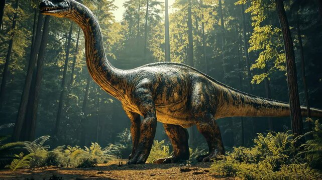 Lifelike brachiosaurus roaming through misty prehistoric forest, photorealistic 3D rendering of long-necked dinosaur in lush Jurassic landscape, ancient herbivore towering over primeval trees