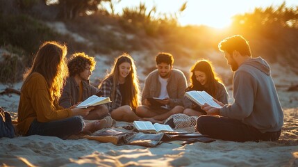 Fototapeta premium faith-filled bible study on the beach with a group of young adults discussing scripture, praying, and reflecting on their spirituality in a peaceful environment