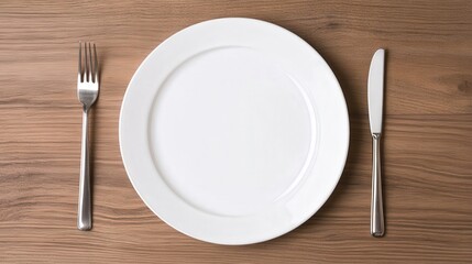 Minimalist dining scene featuring a pristine white plate on a bare table, inviting simplicity and elegance, perfect for conveying a culinary or dining theme.