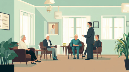 Illustration, retired people in a nursing home in the common living space with nursing staff. Elderly people sitting in a chair in the common living room. Aged people together in a retirement home.