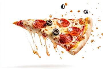 Pizza slice flying, isolated on white background. Delicious peperoni pizza slices pepperonis and olives, with melting cheese, ai