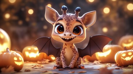 Naklejka premium Cute Grinning Bat Like Creature Among Carved Pumpkins and Halloween Decor