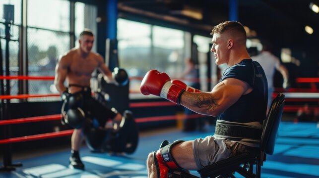 Men's adaptive boxing session, featuring athletes with disabilities training with specialized equipment