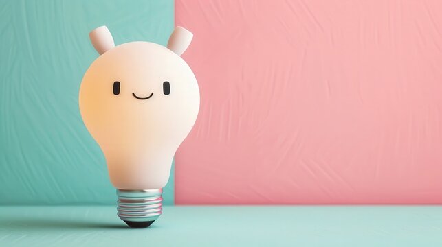 Playful 3D Light Bulb Character, charming cartoon design on soft pastel backdrop, perfect for adding a whimsical touch to creative projects or messages.
