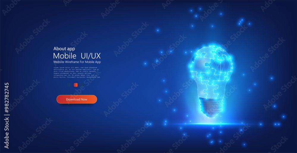 Aufkleber a digital wireframe light bulb made of puzzle pieces, glowing in blue. this futuristic concept illus