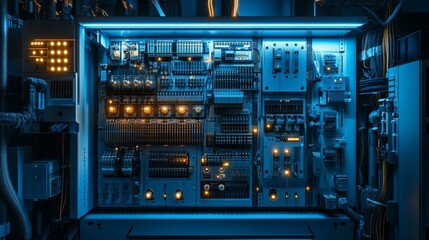 Naklejka premium The intricate electrical control panel glows under blue lighting, showcasing numerous switches, wires, and power boards in a modern industrial setting