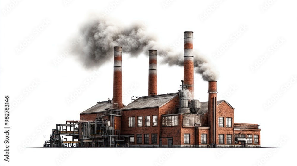 Wall mural Industrial building with smokestacks emitting smoke, representing manufacturing and pollution.