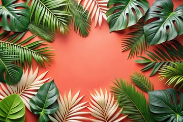 Whimsical tropical leaves dancing along the edges of a bright coral background, with a pristine white area in the center, channeling a playful and carefree vibe