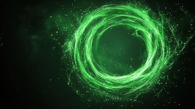 Emerald Energy Surge, vibrant green magic spirals outward from the center, creating a mesmerizing display against a deep black backdrop, evoking a sense of enchantment and wonder.