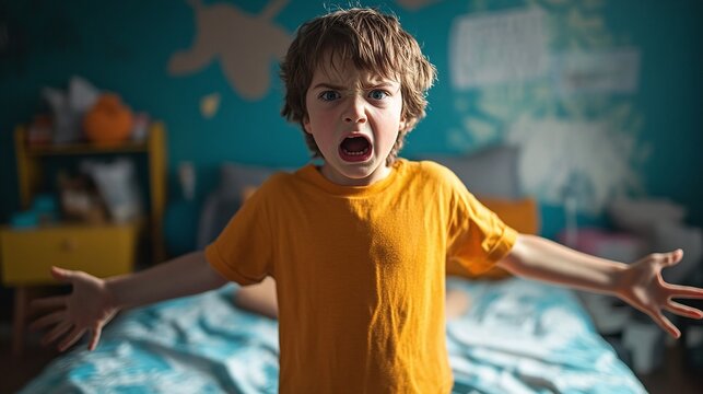 rebellious boy creating chaos in his bedroom while seeking attention through disobedience and emotional conflict causing frustration and stress for his parents