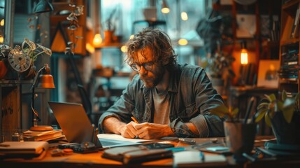 Obraz premium A highly realistic image of a person engaged in Graphic Designer – Designing logos in a creative agency The scene is well-lit, with natural light highlighting the details. The background is 