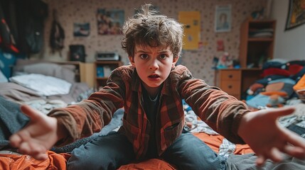 boy in a chaotic bedroom acting out with rebellious behavior and emotional struggles demanding attention and causing family conflict and frustration