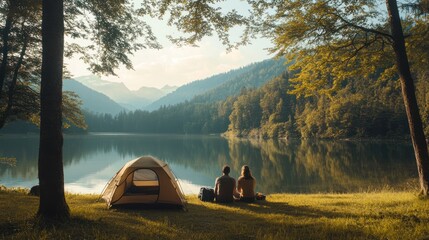 Minimalist camping couple with a simple tent and few belongings, enjoying a serene lakeside view