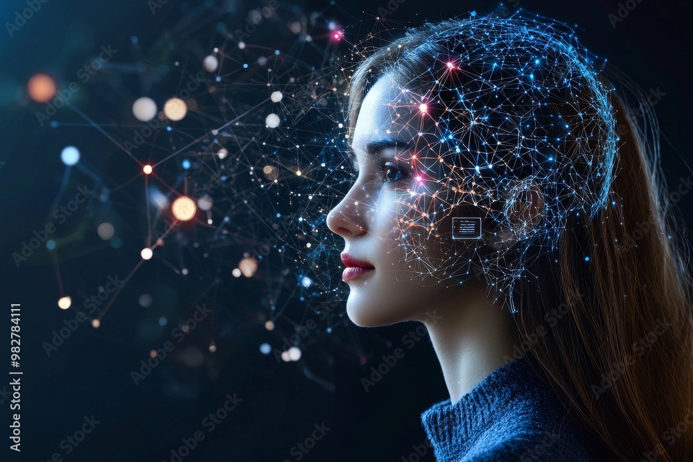 Poster brain-computer interface technologies, neuroscience, or related topics. a woman surrounded by a comp