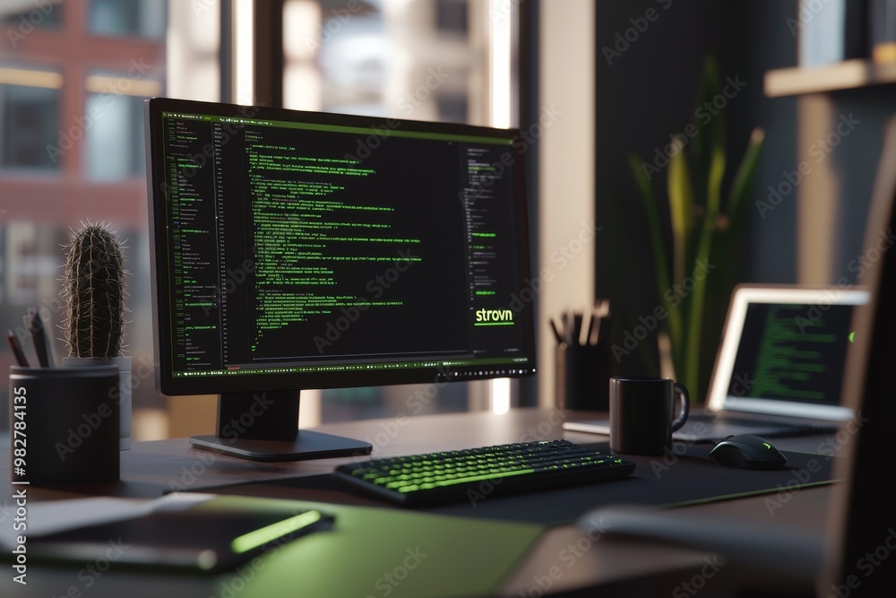 Poster clock at programmer's desk with command line interface, closeup