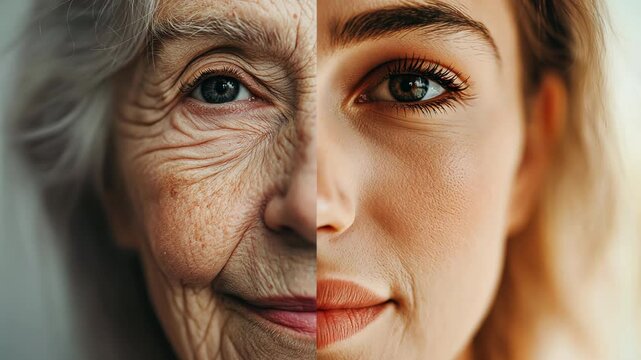 Half-aged face portrait showing young girl and elderly woman side by side, visual representation of aging process and passage of time, powerful concept of youth versus old age