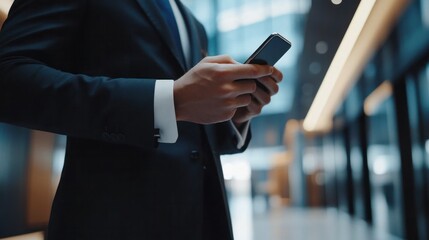Modern device usage in a professional environment, close-up of a man's hand holding a smartphone, business suit visible, blurred office setting
