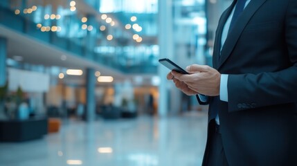 Modern device usage in a professional environment, close-up of a man's hand holding a smartphone, business suit visible, blurred office setting