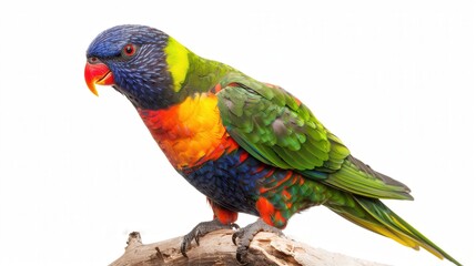Obraz premium Vibrant Rainbow Lorikeet on Branch, A stunning side view showcasing the bird's vivid plumage against a clean white backdrop, ideal for promotional use with ample copy space.