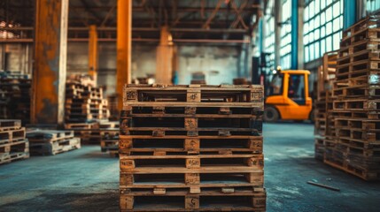Wooden pallets stacked high against a rustic warehouse backdrop, forklifts and crates in the distance