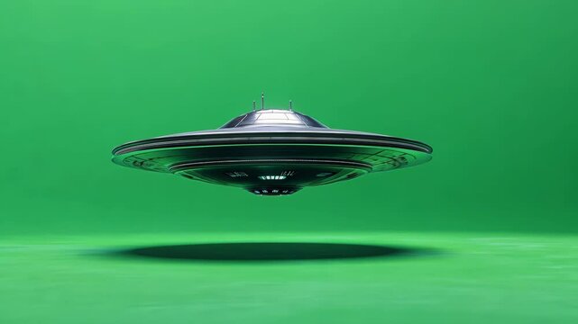 Futuristic UFO spacecraft hovering above glowing green screen, detailed alien vessel with illuminated ports against ethereal backdrop, cinematic 3D rendering of extraterrestrial technology