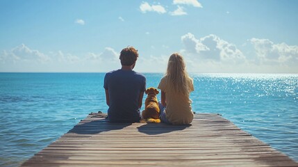 Fototapeta premium serene couple with their dog sitting on a wooden dock enjoying a sunny day by the ocean and the peaceful view of the horizon and calm waters