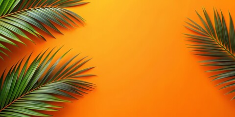 Obraz premium Vibrant orange background with palm leaves arranged in a modern and sleek design perfect for summer-themed campaigns or posters