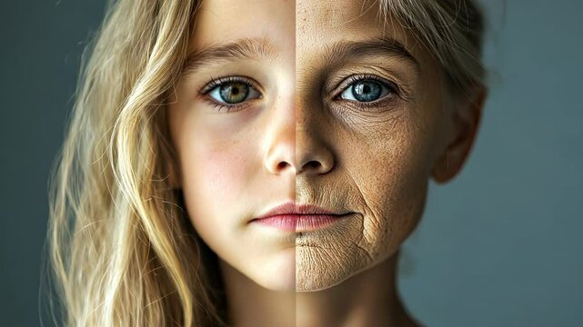 Young girl with half-aged face, concept of aging and time for youth, beauty, and life stages, symbolic of transformation, mortality, and human experience