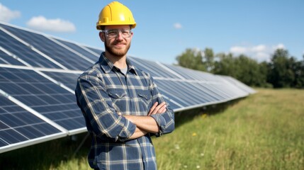 Young male Engineer standing in front of solar panels