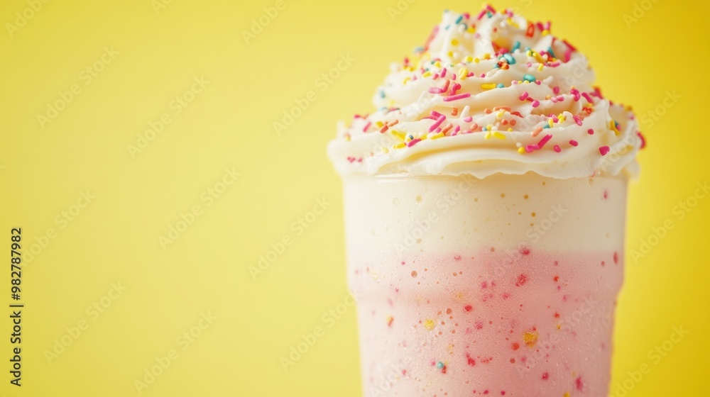 Poster A colorful milkshake topped with whipped cream and sprinkles against a bright yellow background.