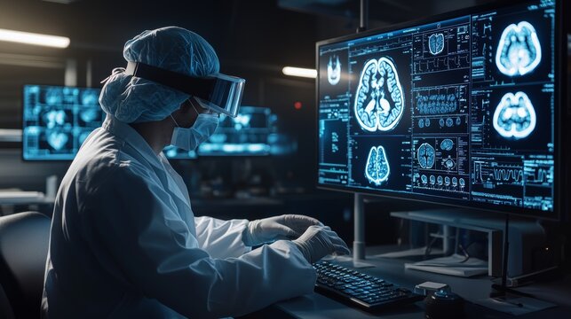 Doctor surgeon interact with 3D graphics and virtual reality holograms on the touch screen while recording data about the patient's brain. Healthcare research network connectivity.