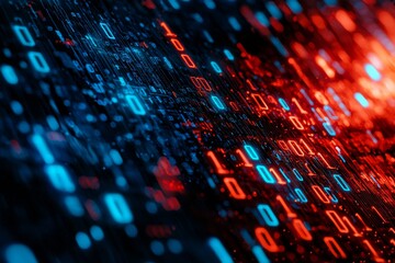 Pixelated data streams and encryption concepts are displayed on a computer screen filled with numbers