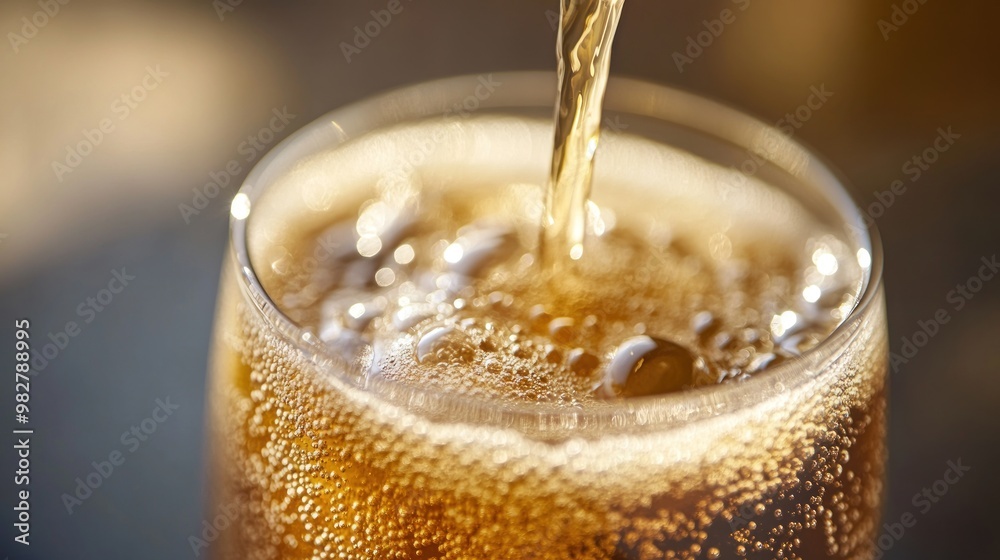 Poster A close-up of a fizzy beverage being poured into a glass, showcasing bubbles and texture.