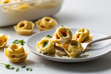 Cheese-Filled Tortellini on a Fork Against a Clean Backdrop