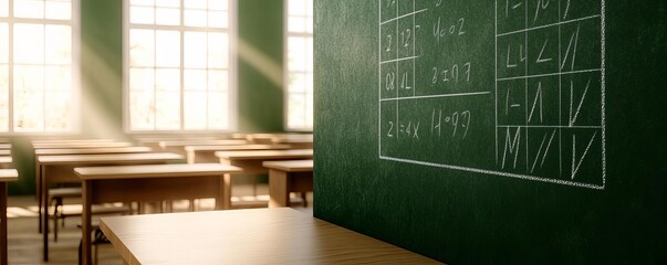 Algebra Equations on Chalkboard in a well-lit math classroom