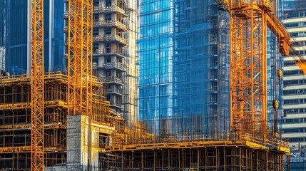 Fototapeta premium A construction site featuring cranes and scaffolding around developing buildings.