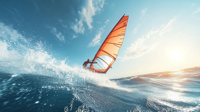 windsurfing under a clear blue sky with a dynamic surfer performing thrilling freestyle actions on the ocean waves with energy speed and excitement in a summer sport - Powered by Adobe