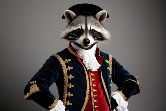 Playful Raccoon in Elegant 17th-Century Masquerade Attire: An Artful Presentation of Historical Fashion and Creative Terminologies